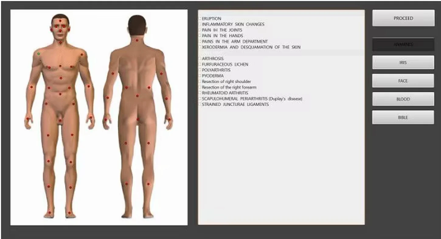 Biophilia Tracker yazılımı — Anamnez ekranı — vücut şeması ve başlık listesi